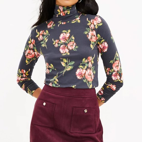 Loft Floral Turtleneck Top Grey Size M - Picture 3 of 8